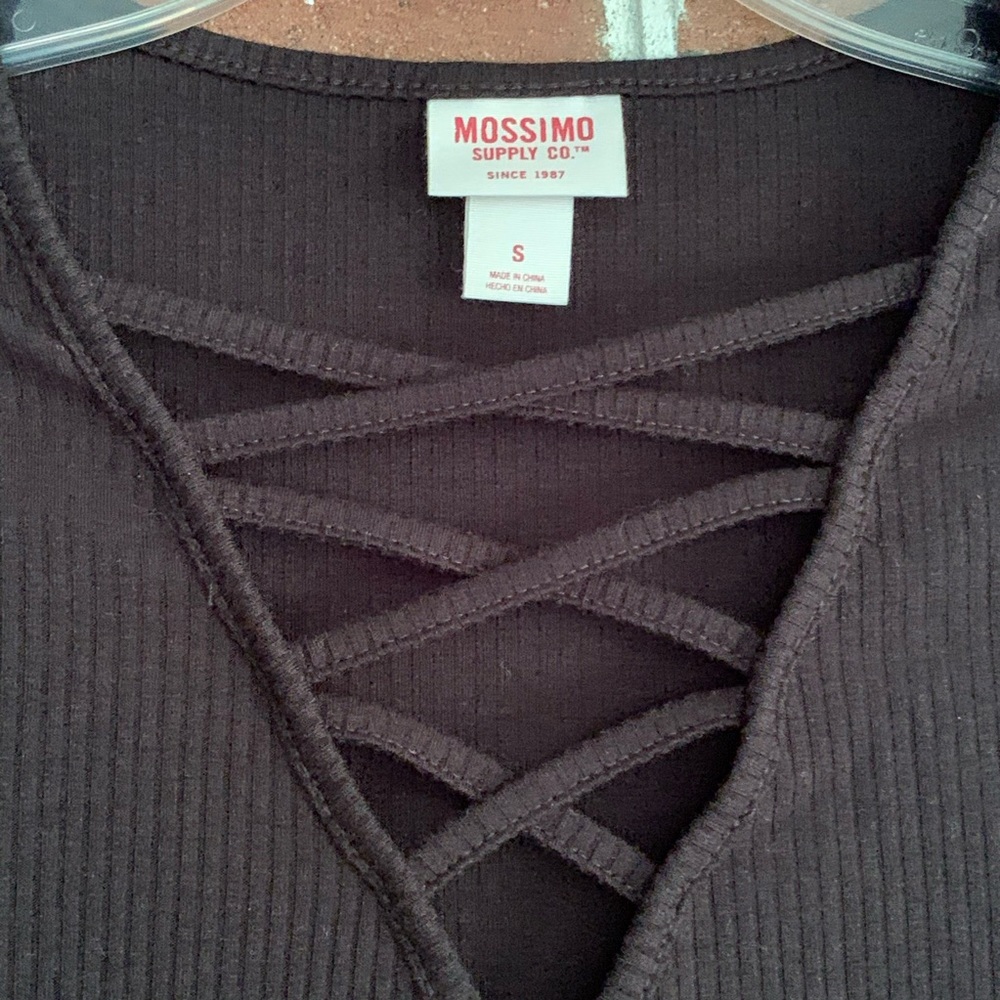 Mossimo Black Ribbed V Neck Long Sleeve Shirt (S) - Picture 3 of 7